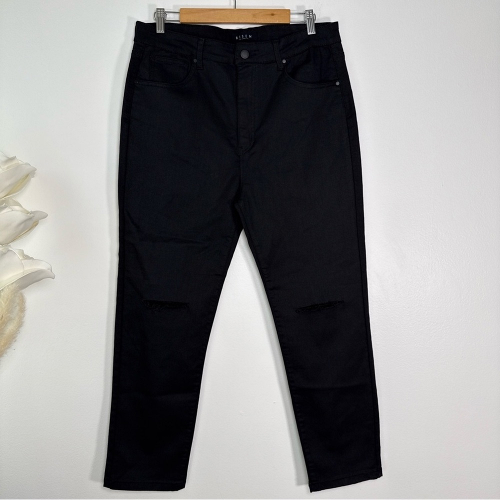 Risen Coated Twill Skinny Jeans Black Size 15/16 Stretch ankle Length Distressed